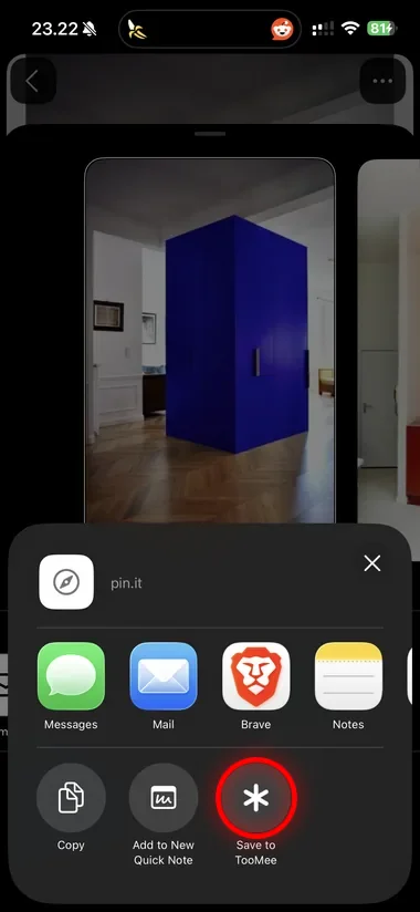La feuille de partage d'iOS, avec « Save to TooMee »