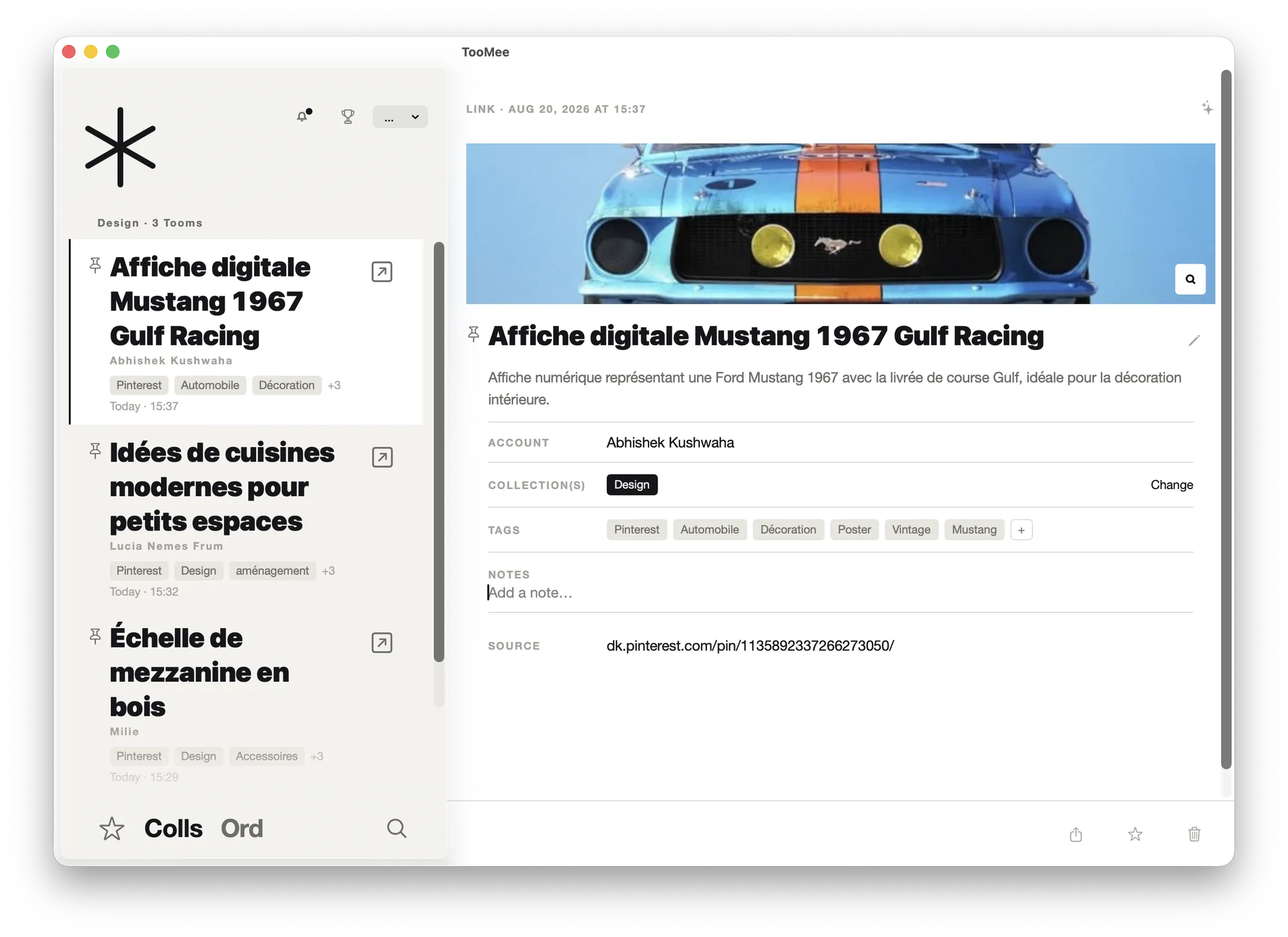TooMee sur Mac : la collection Design à gauche, le détail d'un Toom à droite