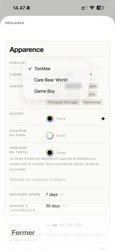 Réglages › Apparence : la liste des habillages